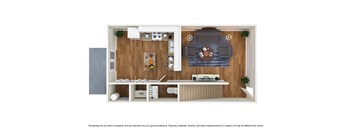 A top-down view of a living room with a couch, coffee table, and kitchen area.