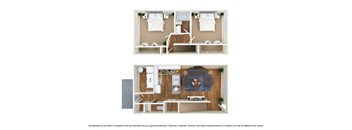 A floor plan of a two-bedroom apartment with a living room and kitchen.