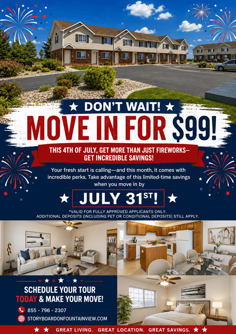 A promotional image for a housing complex with a special offer to move in for $99 on July 31st.