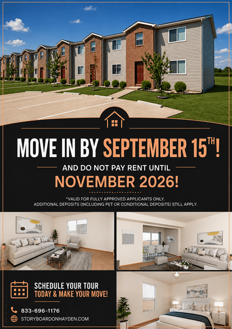 A housing advertisement offering move-in by September 15 and no rent until November 2026.