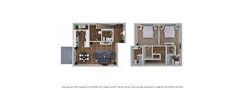 A floor plan of a small apartment with a living room, kitchen, and two bedrooms.