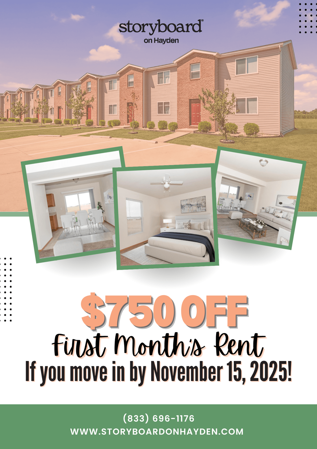 A promotional image for Storyboard on Hayden advertising a $750 off first month's rent offer for new residents moving in by November 15, 2025.