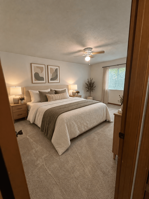 A bedroom with a large bed and two framed pictures on the wall.