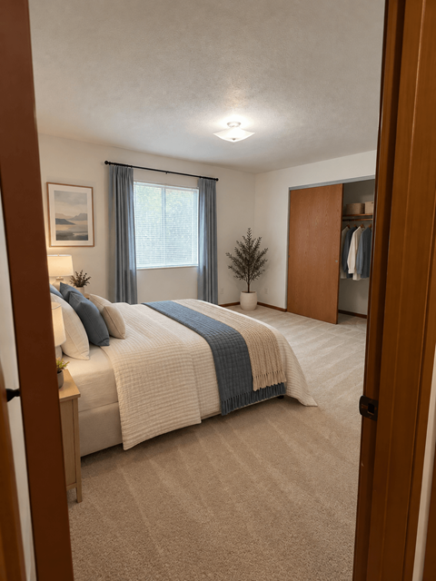 A bedroom with a bed, a small tree, and a painting on the wall.