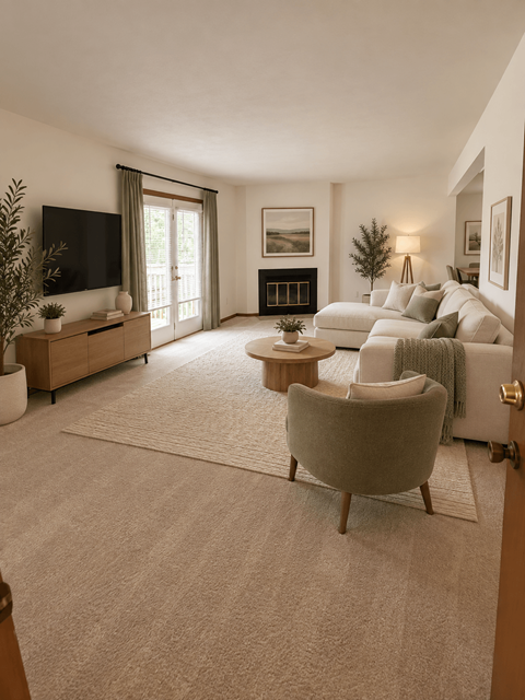 A living room with a grey armchair, a white sofa, a wooden coffee table, a flat screen TV, and a fireplace.