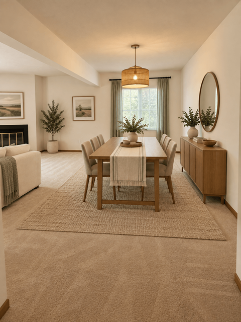 A dining room with a table set for six and a couch with a throw on it.