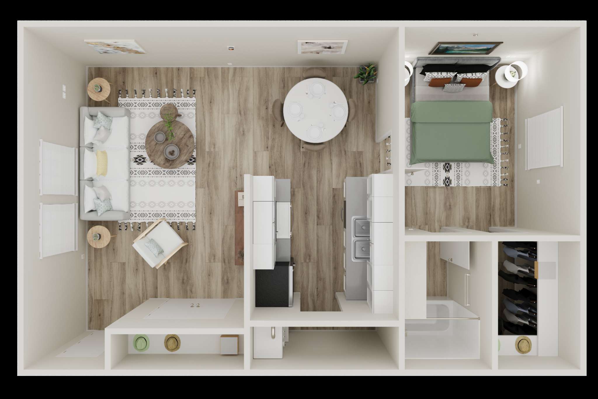 A small, neatly organized kitchen with white cabinets and a wooden backsplash.