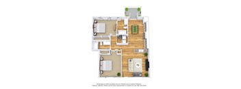 A floor plan of a house with a living room, dining room, kitchen, and two bedrooms.