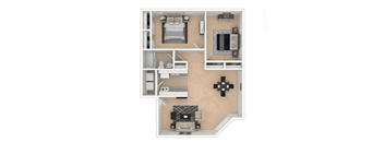 A 3D floor plan of a small apartment with a bedroom, living room, kitchen, and bathroom.