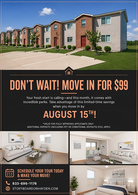 A real estate advertisement offering a move-in price of $99 with a deadline of August 15th.
