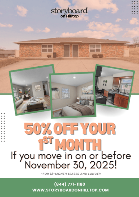 A real estate advertisement offering 50% off the first month for new residents moving in before November 30, 2025.