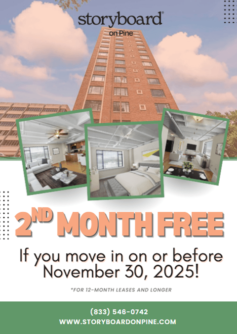 A promotional image for Storyboard on Pine, offering a free second month for new residents moving in before November 30, 2025.