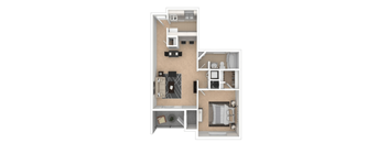 A floor plan of a small apartment with two bedrooms and a living area.