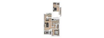 A floor plan of a house with a kitchen, living room, and two bedrooms.