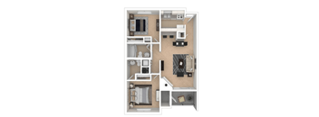 A 3D floor plan of a small apartment with a kitchen, living room, and two bedrooms.