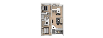 A 3D floor plan of a small apartment with a kitchen, living room, and two bedrooms.