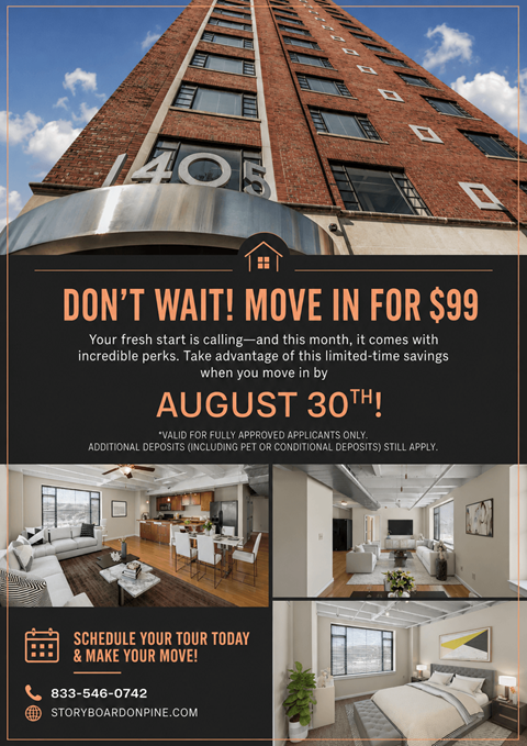 A promotional image for a move-in special at a building called 1405, offering a $99 move-in fee.