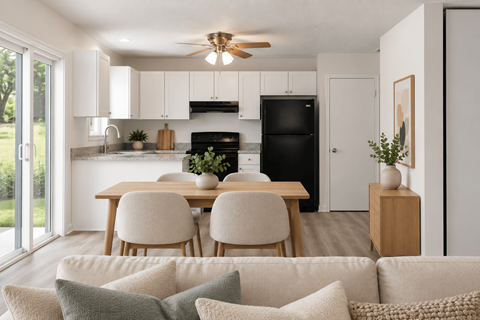 A modern kitchen with a dining table and chairs.