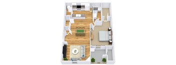 A top-down view of a living room with a couch, coffee table, and television.
