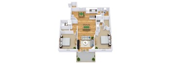 A top-down view of a modern apartment layout with a central living area and surrounding rooms.