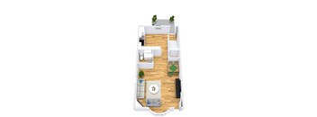 A top-down view of a living room with a couch, coffee table, and two potted plants.