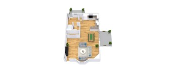 A top-down view of a living room with a sofa, coffee table, and kitchen area.