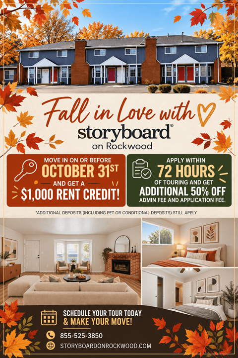 An advertisement for a fall in love with storyboard on Rockwood promotion offering $1,000 rent credit for new tenants.