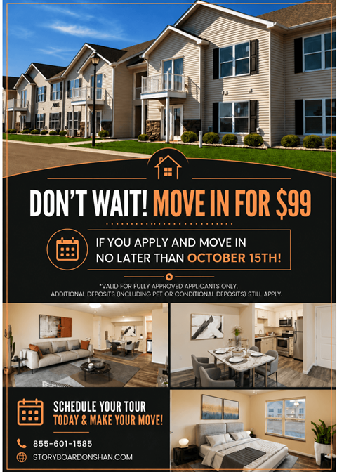 A promotional housing advertisement offering a move-in price of $99 with a deadline of October 15th.