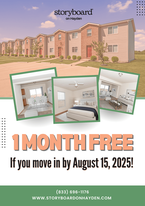 A promotional image for Storyboard on Hayden offering a free month if you move in by August 15, 2025.
