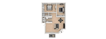 A top-down view of a house layout with a kitchen, living room, and bathroom.