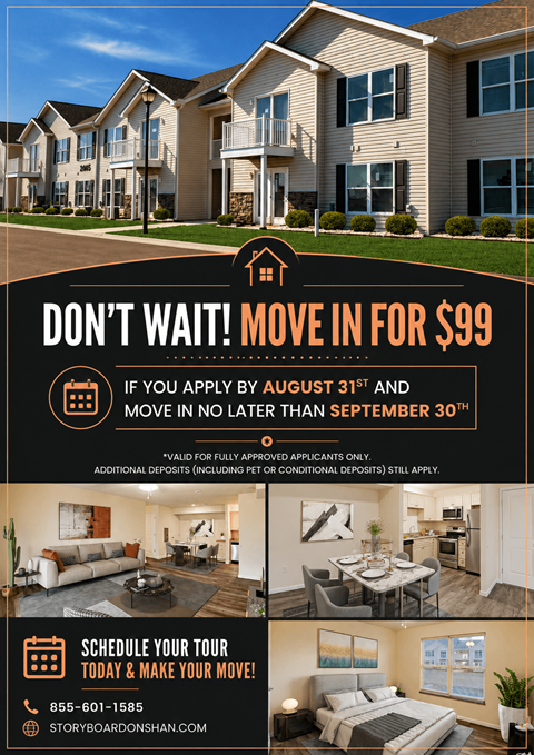 An advertisement for a housing complex offering a move-in price of $99 with a deadline of August 31st.