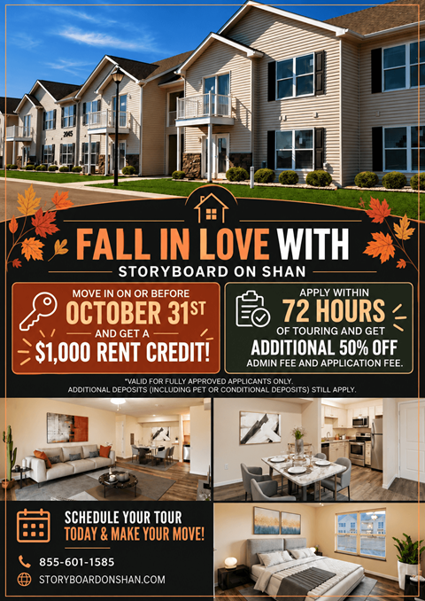 A fall in love with Storyboard on Shan advertisement offering a $1,000 rent credit for tours booked by October 31st.