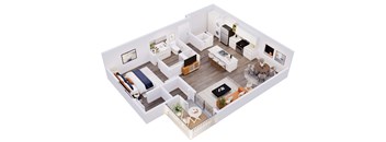 A 3D floor plan of a house with a living room, kitchen, dining room, and bedrooms.