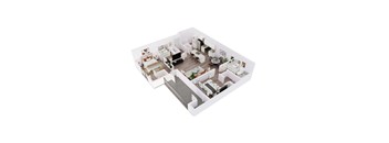 A 3D model of a house with a kitchen, living room, and two bedrooms.