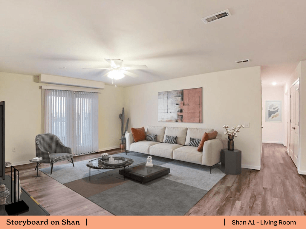 a living room with a couch and a table