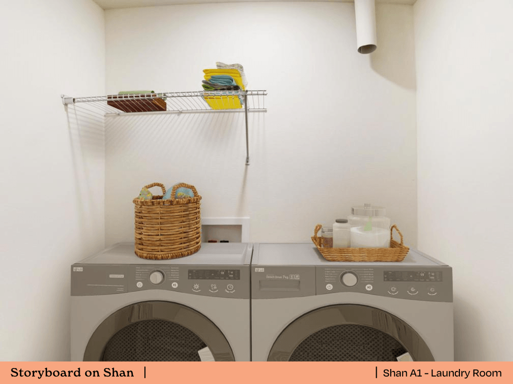 a laundry room with washing machines and baskets