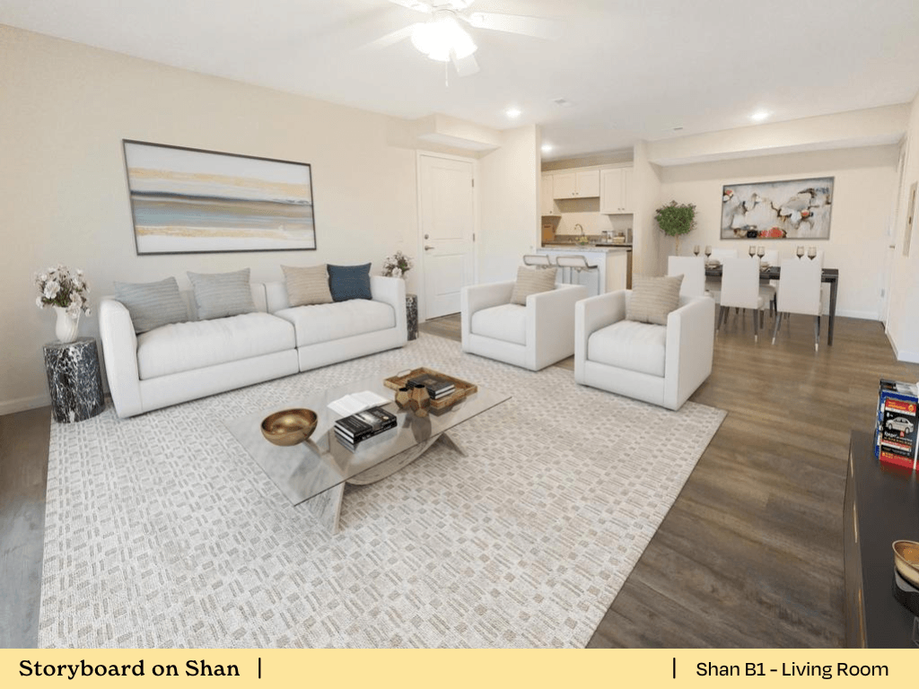 a living room with two couches and a table