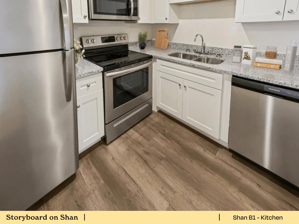 a kitchen with stainless steel appliances and white cabinets
