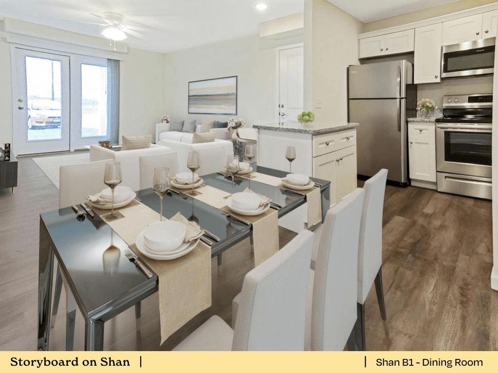 a living room and dining room with a table and chairs