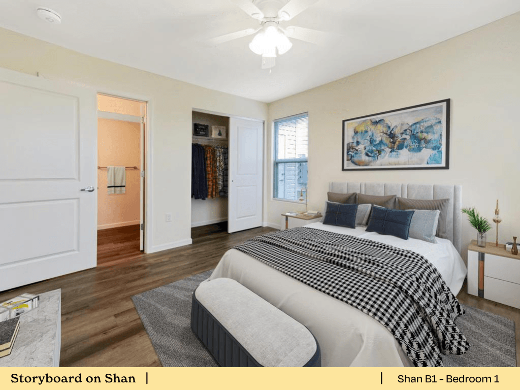 a bedroom with a bed and a closet