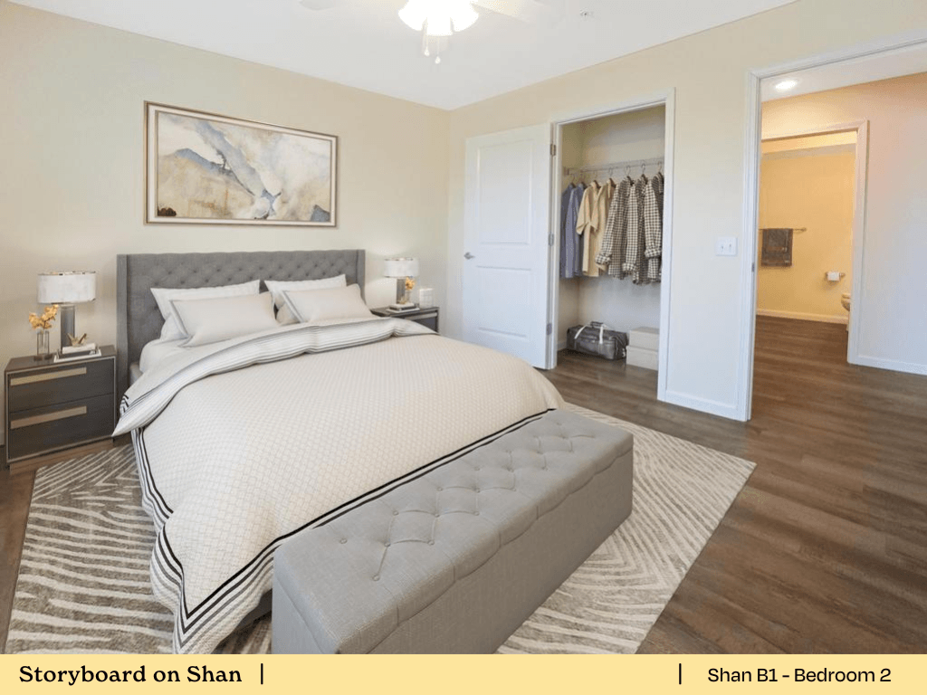 a bedroom with a bed and a closet