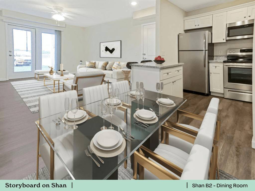 a living room and dining room with a glass table and chairs