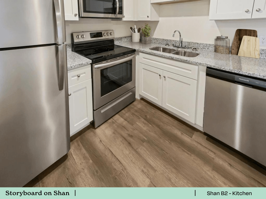 a kitchen with stainless steel appliances and white cabinets