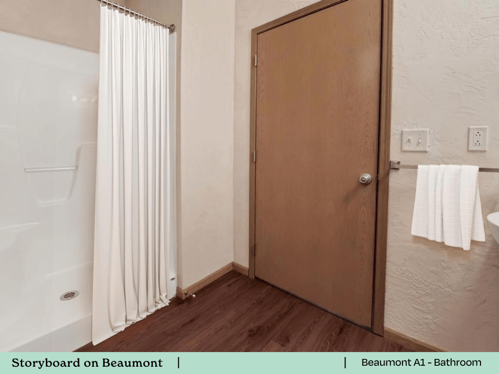 a bathroom with a shower and a shower curtain