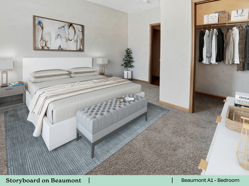 a bedroom with a bed and a closet