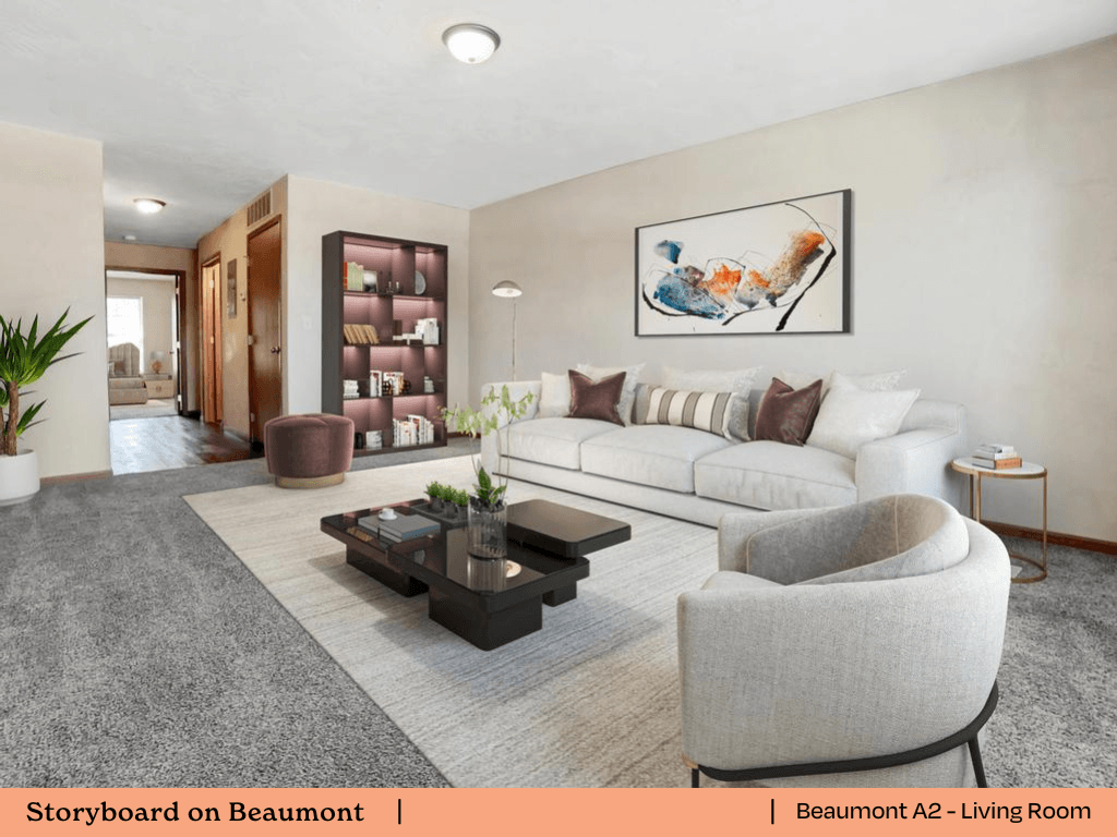 a living room with a couch and a coffee table