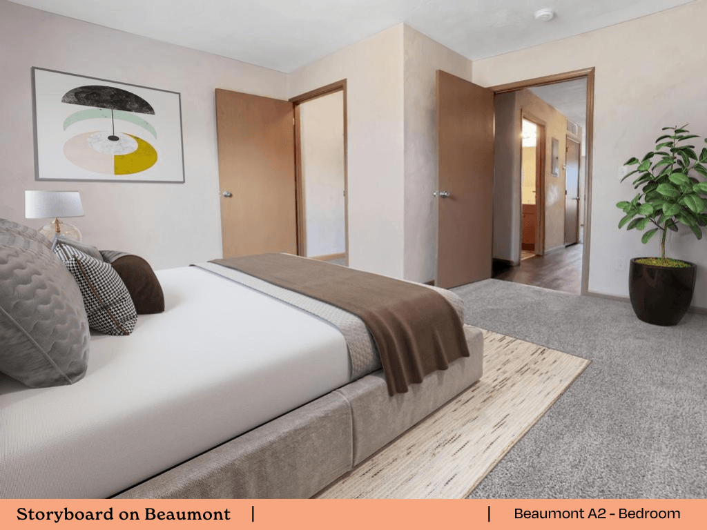 a bedroom with a bed and a potted plant