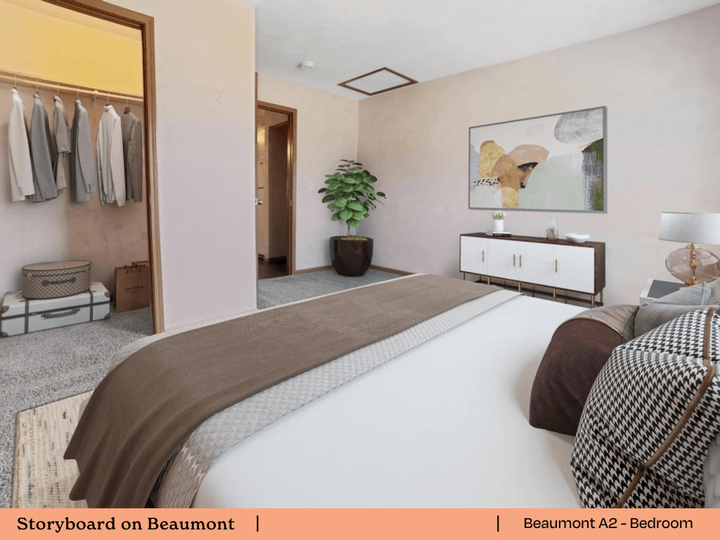 a bedroom with a bed and a closet