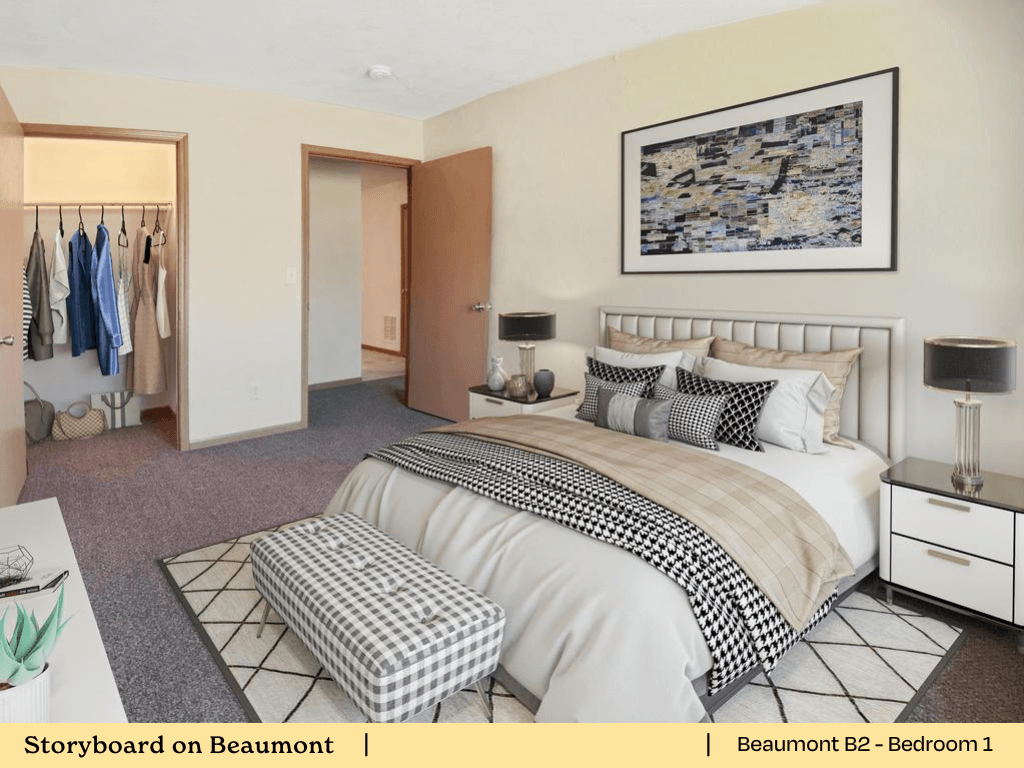 a bedroom with a bed and a closet