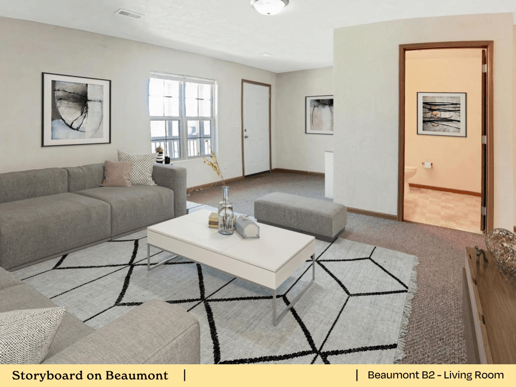 a living room with a couch and a table